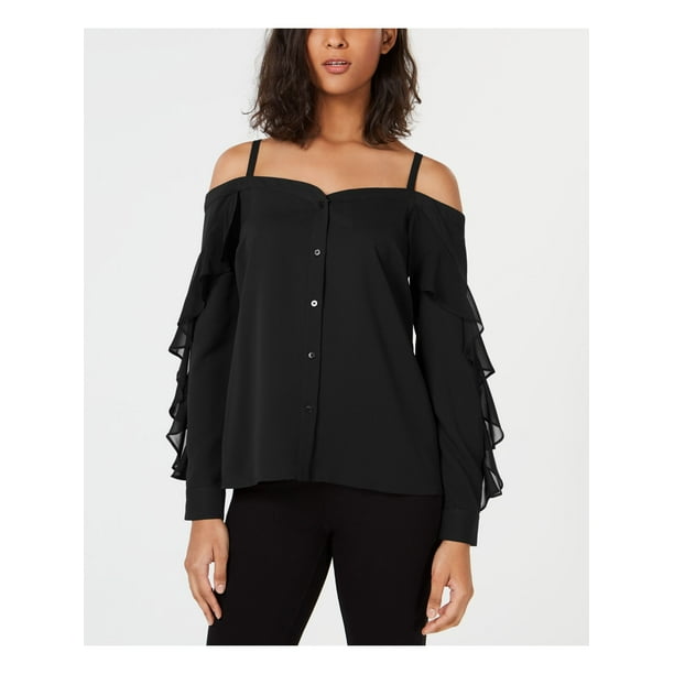 Kensie Womens Black Cold Shoulder Ruffled Casual Blouse Top L Kensie Womens Black Cold Shoulder Ruffled Casual Blouse Top L
